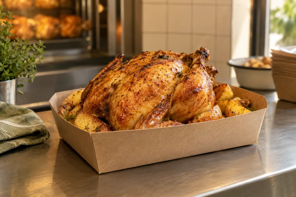Pollo asado con patatas, listo para llevar.