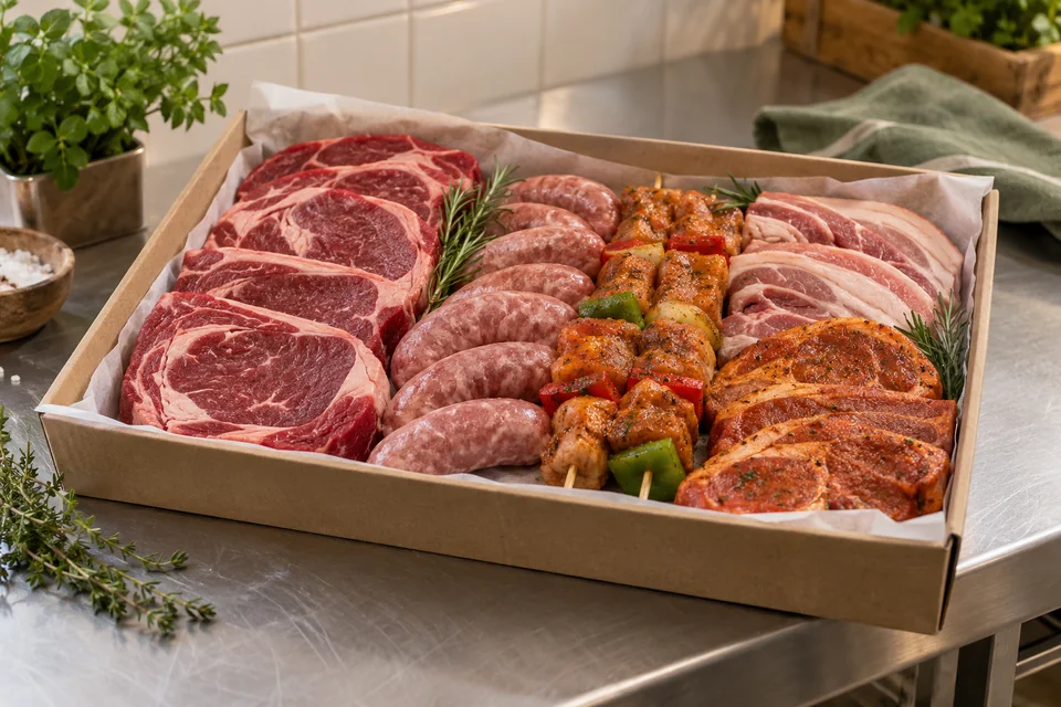 Bandeja de carne y brochetas preparada en una carnicería.