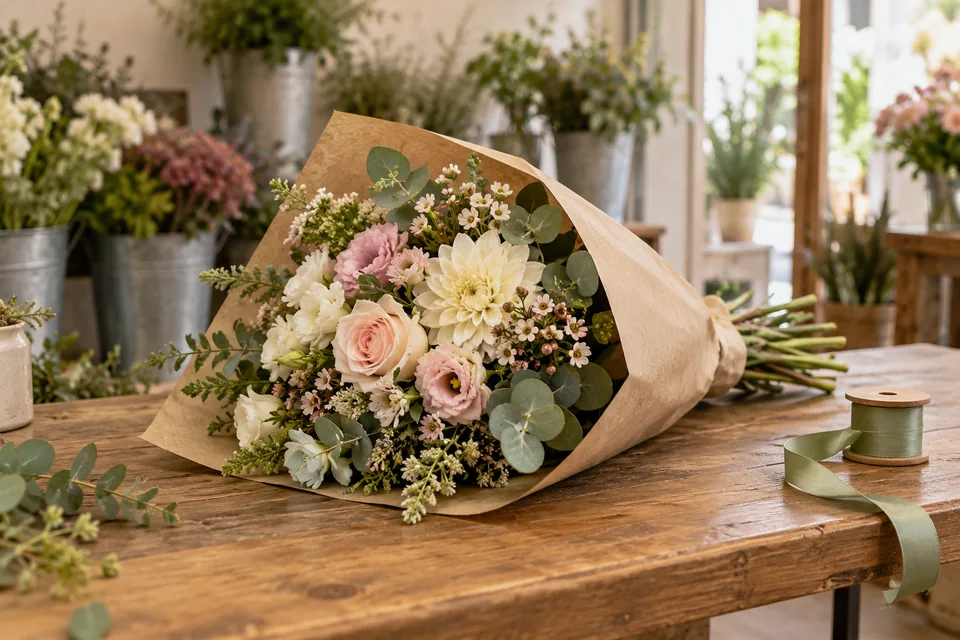 Ramo de flores rosas y blancas, envuelto en papel kraft.