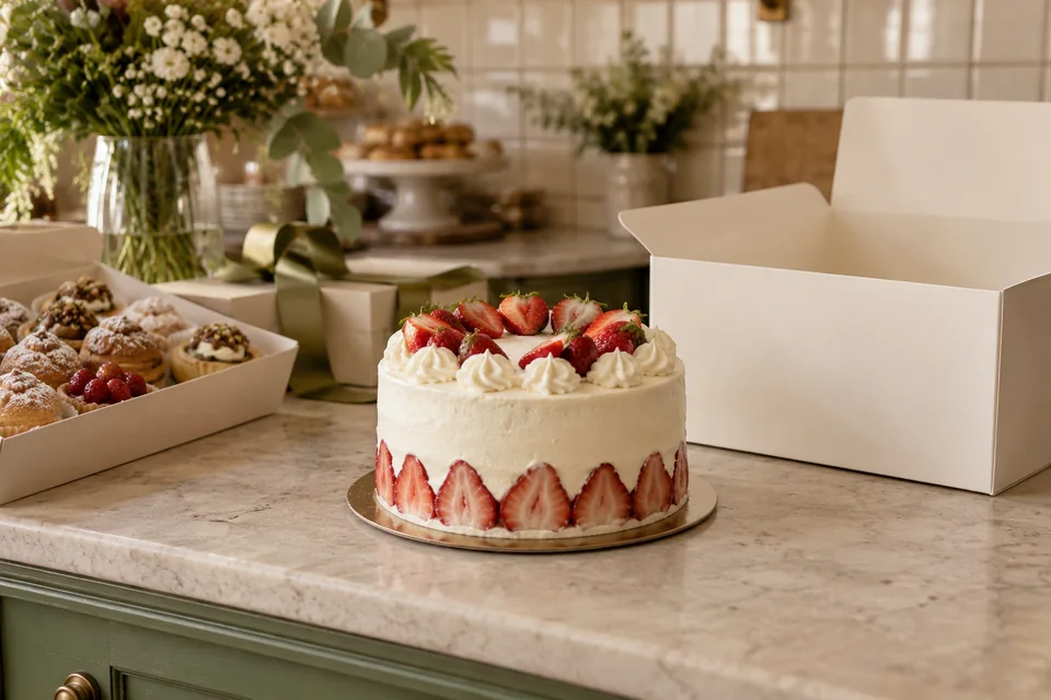 Tarta de fresas y nata en una pastelería.